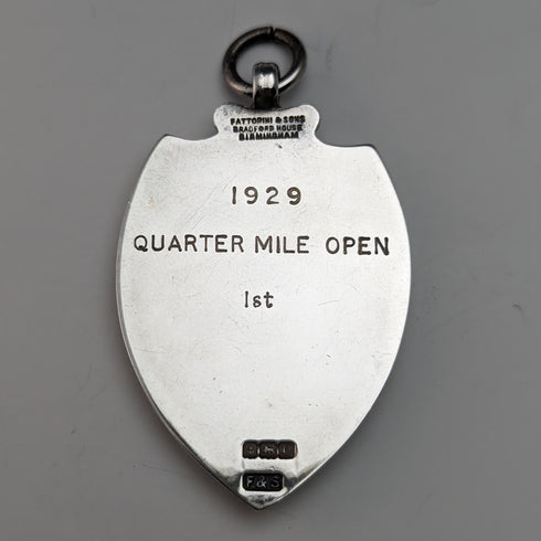 1928 British Vintage Sterling Silver Shield Fob in Fattorini & Sons Case