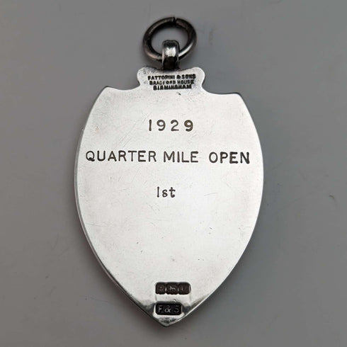 1928 British Vintage Sterling Silver Shield Fob in Fattorini & Sons Case