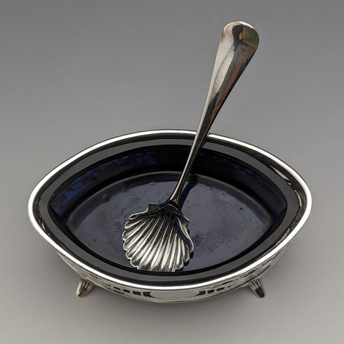 1906年 英国アンティーク 純銀&ブルーグラス ソルトディッシュ&スプーン Josiah Williams