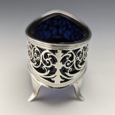 1906年 英国アンティーク 純銀&ブルーグラス ソルトディッシュ&スプーン Josiah Williams