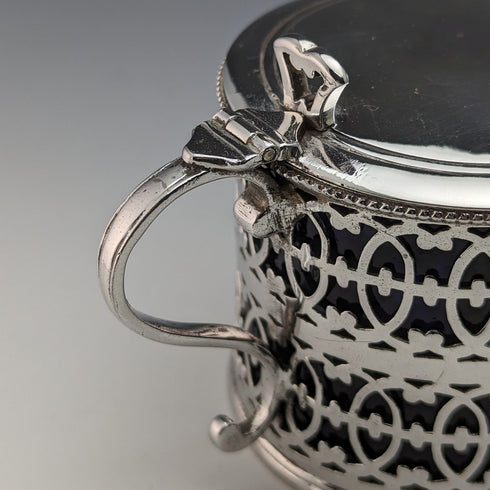 1910 British Antique Pure Silver & Bluegrass Mustard Pot & Spoon Vander & Hedges