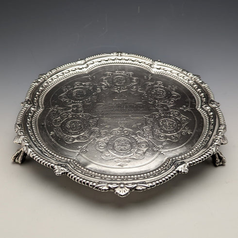 1895 British Antique Sterling Silver Salva Diameter 22cm 363g CHARLES BOYTON