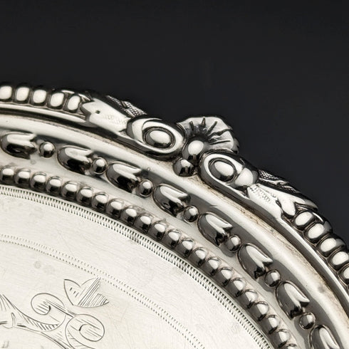 1895 British Antique Sterling Silver Salva Diameter 22cm 363g CHARLES BOYTON