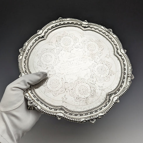 1895 British Antique Sterling Silver Salva Diameter 22cm 363g CHARLES BOYTON