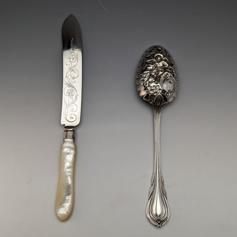 British Antique White Pearl Shell, Silver Plated Cleansing Serving Cutlery in Case