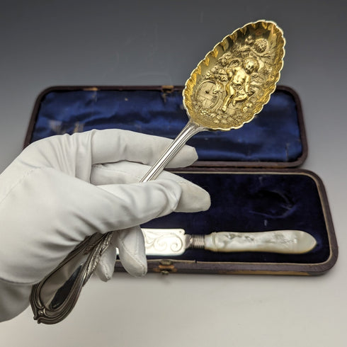 British Antique White Pearl Shell, Silver Plated Cleansing Serving Cutlery in Case