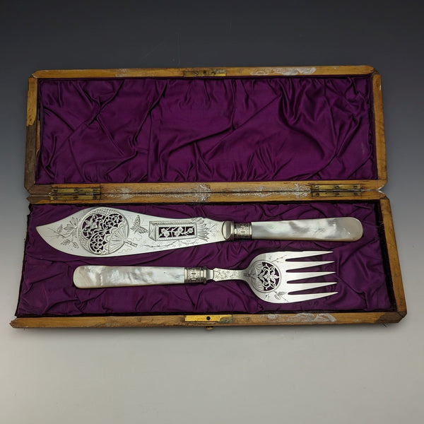 Around 1870 British Antique White Pearl Shell Handle Silver Plated Fish Server Pair in Case