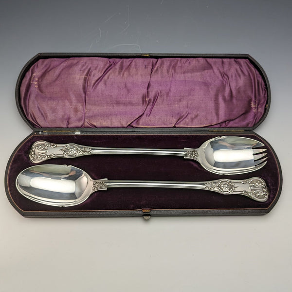 English antique silver plated serving spoon and spork in case