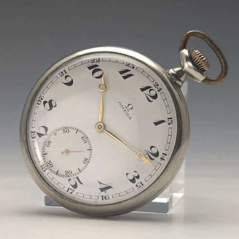 Around 1920 Antique Omega pocket watch silver plated open face with translation