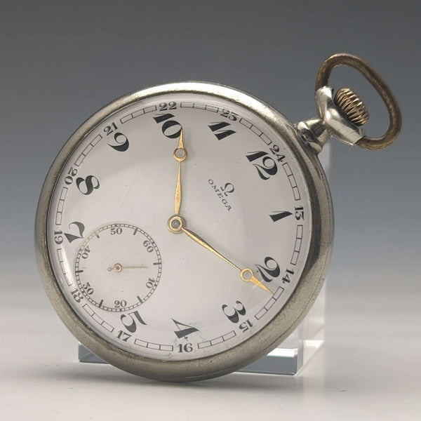 Around 1920 Antique Omega pocket watch silver plated open face with translation