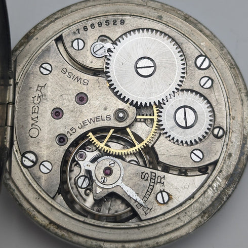 1920 年左右古董歐米茄懷錶鍍銀開放式錶盤帶翻譯