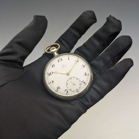 Around 1920 Antique Omega pocket watch silver plated open face with translation