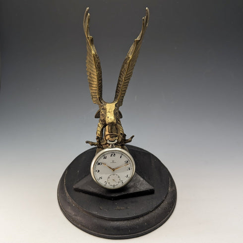 Antique Brass Bald Eagle Pocket Watch Holder with Wooden Base