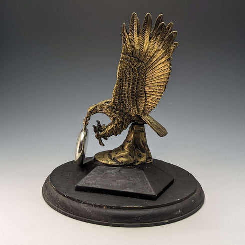 Antique Brass Bald Eagle Pocket Watch Holder with Wooden Base