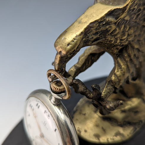 Antique Brass Bald Eagle Pocket Watch Holder with Wooden Base