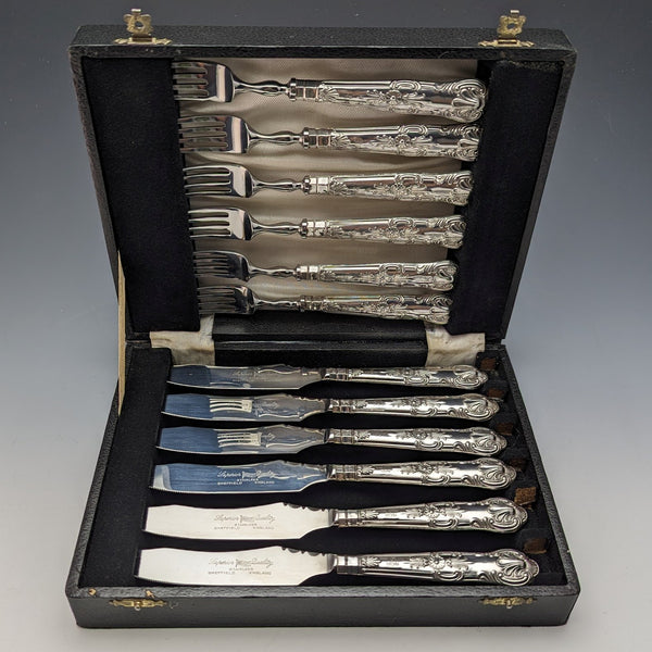 1973 British Vintage Sterling Silver Handle Steak Cutlery 6 Pair Set Boxed Harrison Brothers