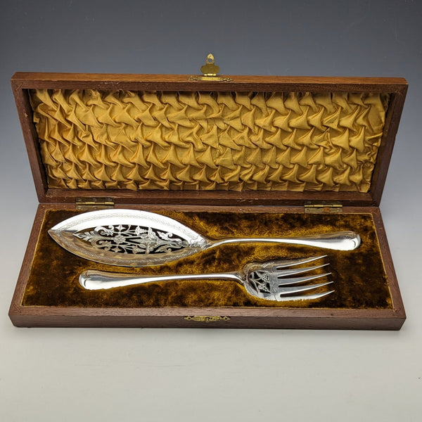 Late 19th century British antique silver plate fish server set LEE & WIGFULL in wooden box