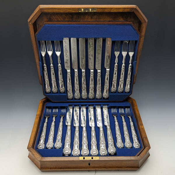 1864 British Antique Sterling Silver Dessert Cutlery 12 Pair Set Total 912g Wooden Boxed Harrison Brothers & Howson