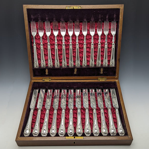 1900 年左右英國古董鍍銀餐具 12 對套裝木盒 Walker & Hall