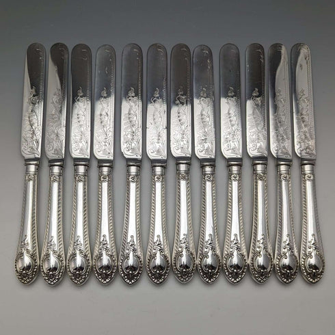 Around 1900 British antique silver plated cutlery 12 pair set in wooden box Walker & Hall