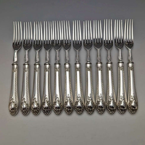 Around 1900 British antique silver plated cutlery 12 pair set in wooden box Walker & Hall