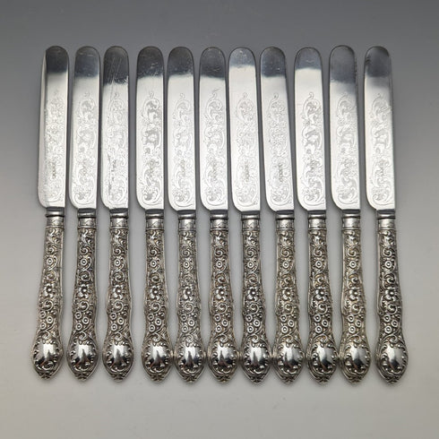 1878 年左右英國古董鍍銀餐具一套 11 刀和 12 叉,裝在木盒中 William Gallimore