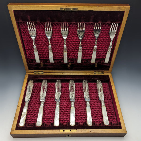 Around 1890 British Antique White Pearl Shell Handle Cutlery 6 Pair Set in Wooden Box Joseph Elliot