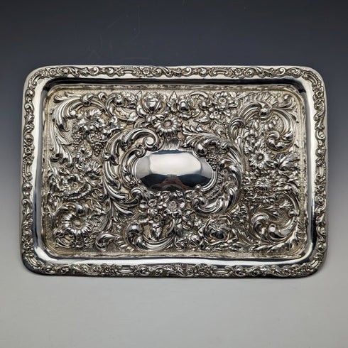 1909 年英國古董純銀浮雕雕刻梳妝台托盤 354 克 WGKeight