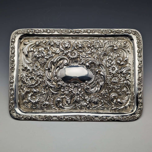 1909 British Antique Pure Silver Relief Engraving Dressing Table Tray 354g WGKeight