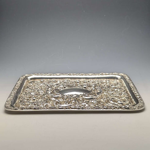1909 British Antique Pure Silver Relief Engraving Dressing Table Tray 354g WGKeight