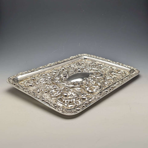 1909 British Antique Pure Silver Relief Engraving Dressing Table Tray 354g WGKeight