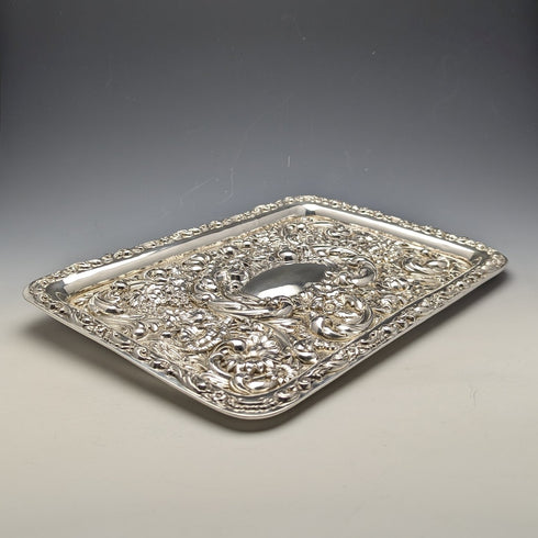 1909 年英國古董純銀浮雕雕刻梳妝台托盤 354 克 WGKeight