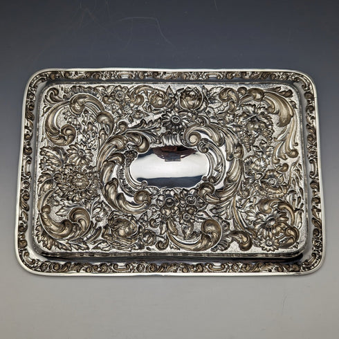 1909 年英國古董純銀浮雕雕刻梳妝台托盤 354 克 WGKeight