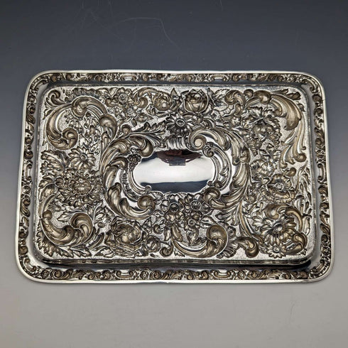 1909 British Antique Pure Silver Relief Engraving Dressing Table Tray 354g WGKeight