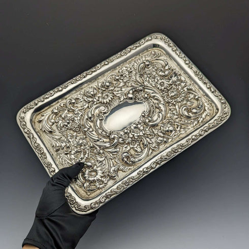 1909 British Antique Pure Silver Relief Engraving Dressing Table Tray 354g WGKeight