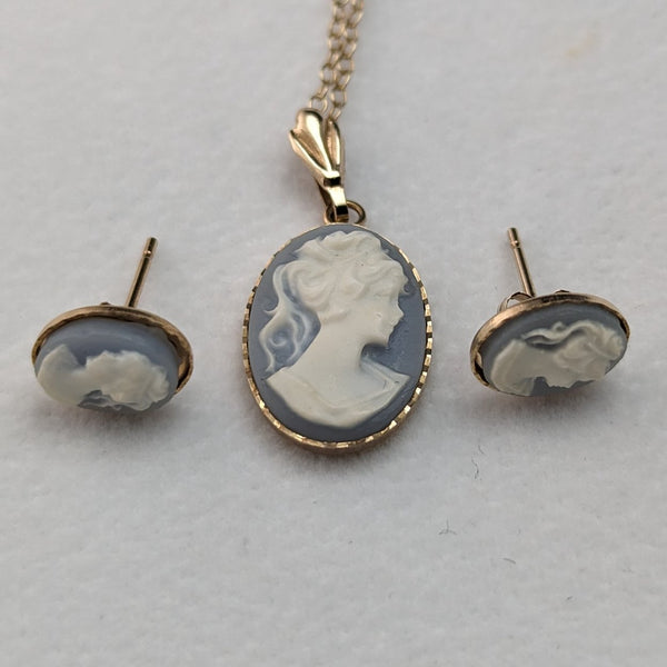 British Vintage Jewelry K9 Gold & Cameo Pendant Necklace Earrings Set