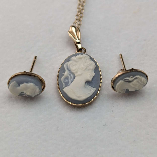 British Vintage Jewelry K9 Gold & Cameo Pendant Necklace Earrings Set