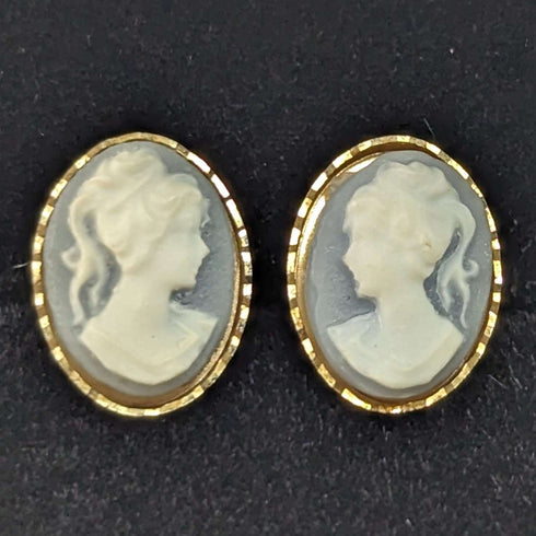 British Vintage Jewelry K9 Gold & Cameo Pendant Necklace Earrings Set