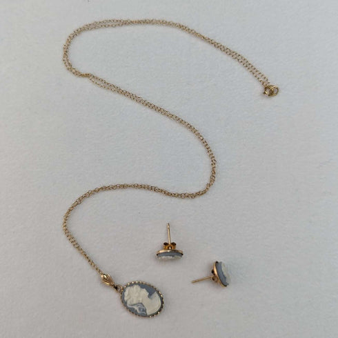 British Vintage Jewelry K9 Gold & Cameo Pendant Necklace Earrings Set