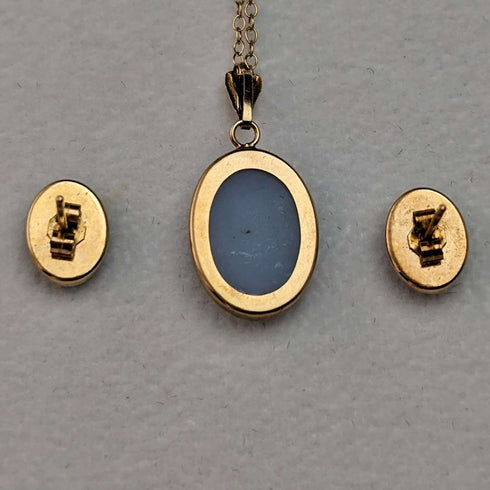British Vintage Jewelry K9 Gold & Cameo Pendant Necklace Earrings Set