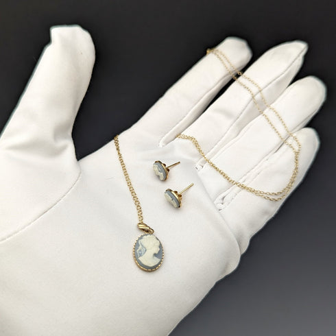 英国ヴィンテージジュエリー K9ゴールド&カメオ ペンダント ネックレス ピアスセット