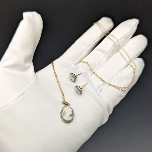 British Vintage Jewelry K9 Gold & Cameo Pendant Necklace Earrings Set