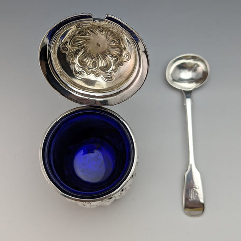 1905年 英国アンティーク 純銀&ブルーグラス マスタードポット&スプーン Harrison Brothers