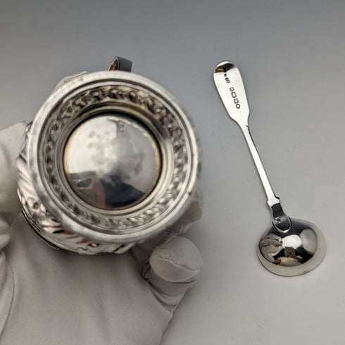 1905年 英国アンティーク 純銀&ブルーグラス マスタードポット&スプーン Harrison Brothers