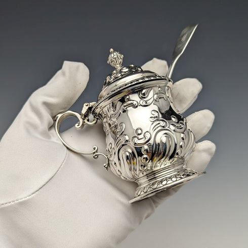 1905年 英国アンティーク 純銀&ブルーグラス マスタードポット&スプーン Harrison Brothers