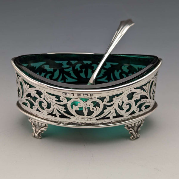 1904 British Antique Pure Silver & Green Glass Salt Dish & Spoon William Hair Haseler