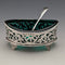 1904 British Antique Pure Silver & Green Glass Salt Dish & Spoon William Hair Haseler