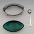 1904 British Antique Pure Silver & Green Glass Salt Dish & Spoon William Hair Haseler
