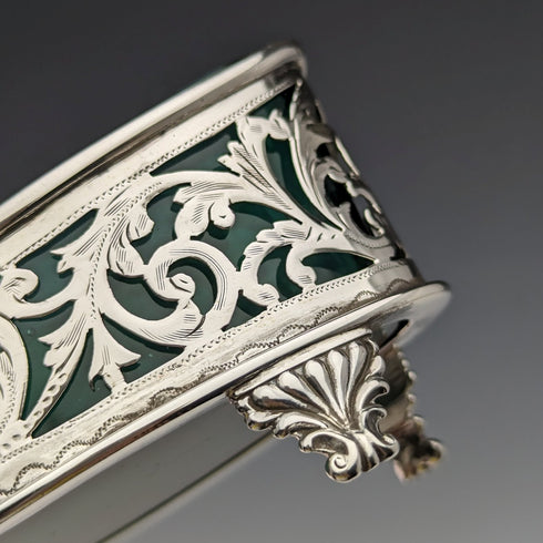 1904 British Antique Pure Silver & Green Glass Salt Dish & Spoon William Hair Haseler