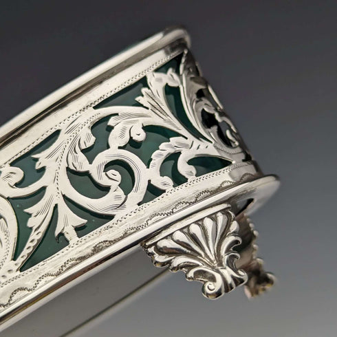1904 British Antique Pure Silver & Green Glass Salt Dish & Spoon William Hair Haseler